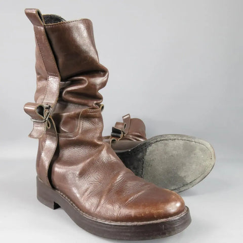ANN DEMEULEMEESTER Size 7.5 Brown Distressed Leather Workman Belt Boots ANN DEMEULEMEESTER