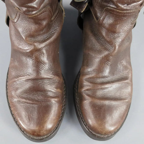 ANN DEMEULEMEESTER Size 7.5 Brown Distressed Leather Workman Belt Boots ANN DEMEULEMEESTER