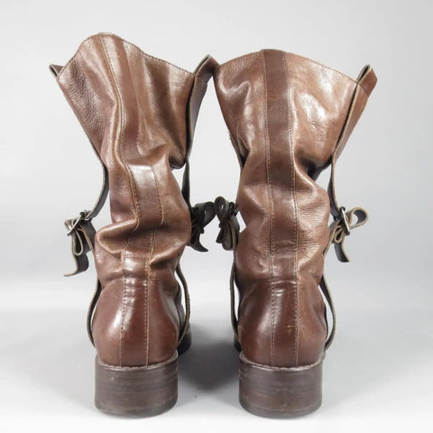 ANN DEMEULEMEESTER Size 7.5 Brown Distressed Leather Workman Belt Boots ANN DEMEULEMEESTER
