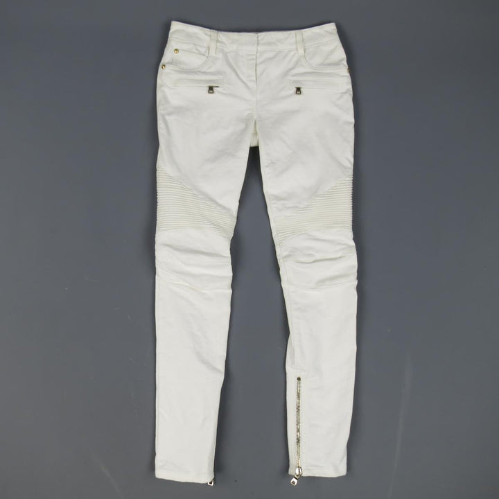 BALMAIN Size 4 White Cotton Gold Zip Moto Jeans