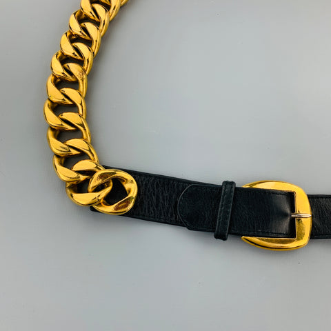 CHANEL Vintage 1990's Gold Tone Chunky Curb Chain & Black Leather Belt
