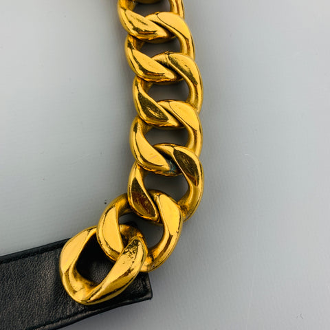 CHANEL Vintage 1990's Gold Tone Chunky Curb Chain & Black Leather Belt