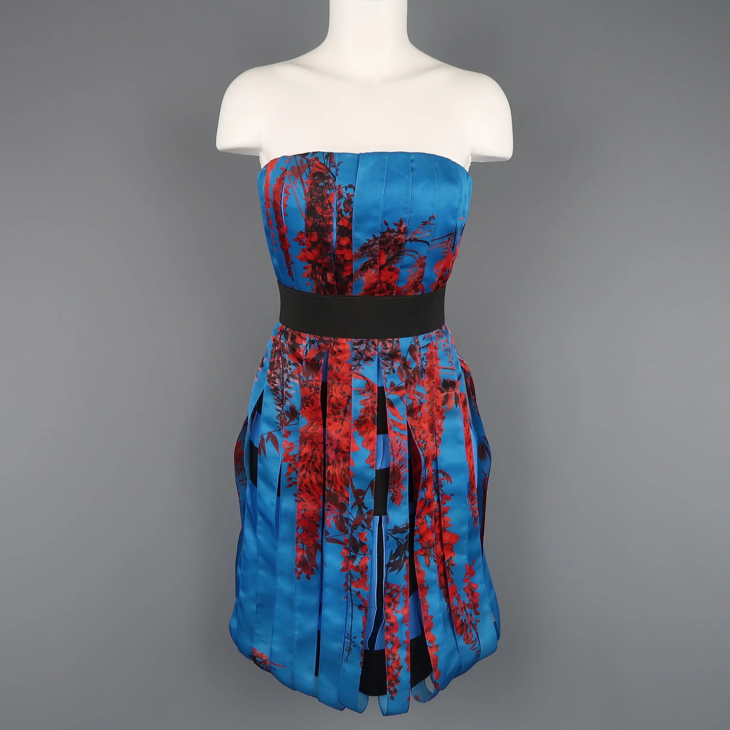 CHRISTIAN DIOR Size 4 Blue & Red Floral Silk Ribbon Bustier Cocktail Dress