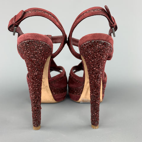 CHRISTIAN DIOR Size 8 Burgundy Glitter Suede T Strap Platform Celeste Sandals