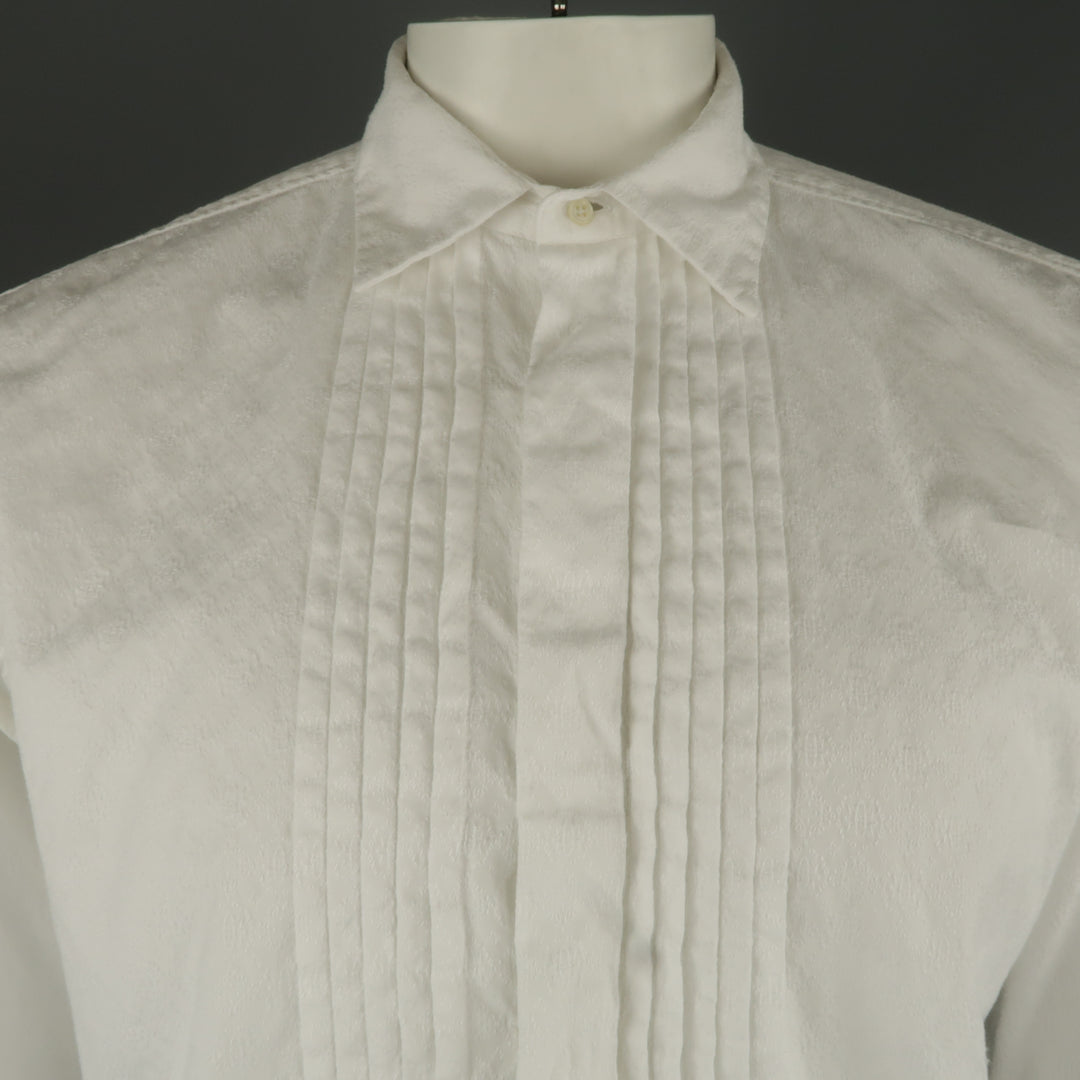 DRIES VAN NOTEN L White Jacquard French Cuff Pleated Front Long Sleeve Shirt