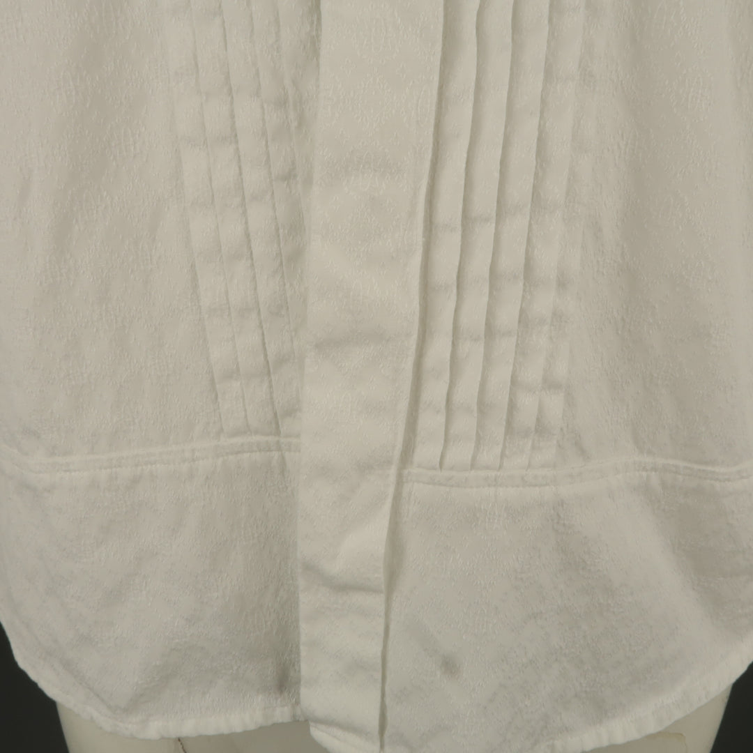 DRIES VAN NOTEN L White Jacquard French Cuff Pleated Front Long Sleeve Shirt
