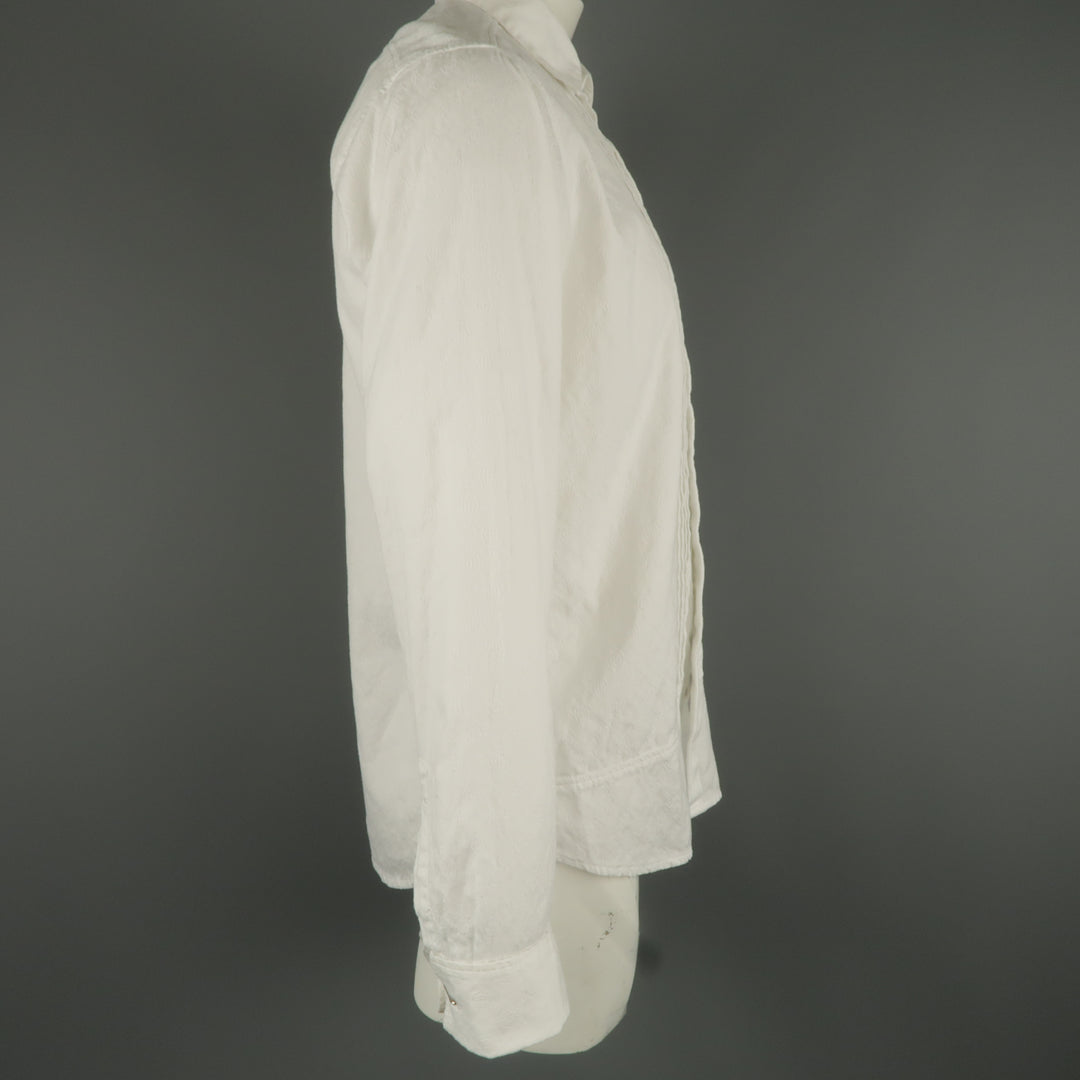 DRIES VAN NOTEN L White Jacquard French Cuff Pleated Front Long Sleeve Shirt