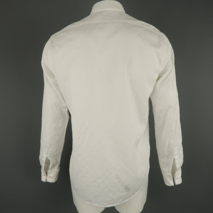 DRIES VAN NOTEN L White Jacquard French Cuff Pleated Front Long Sleeve Shirt