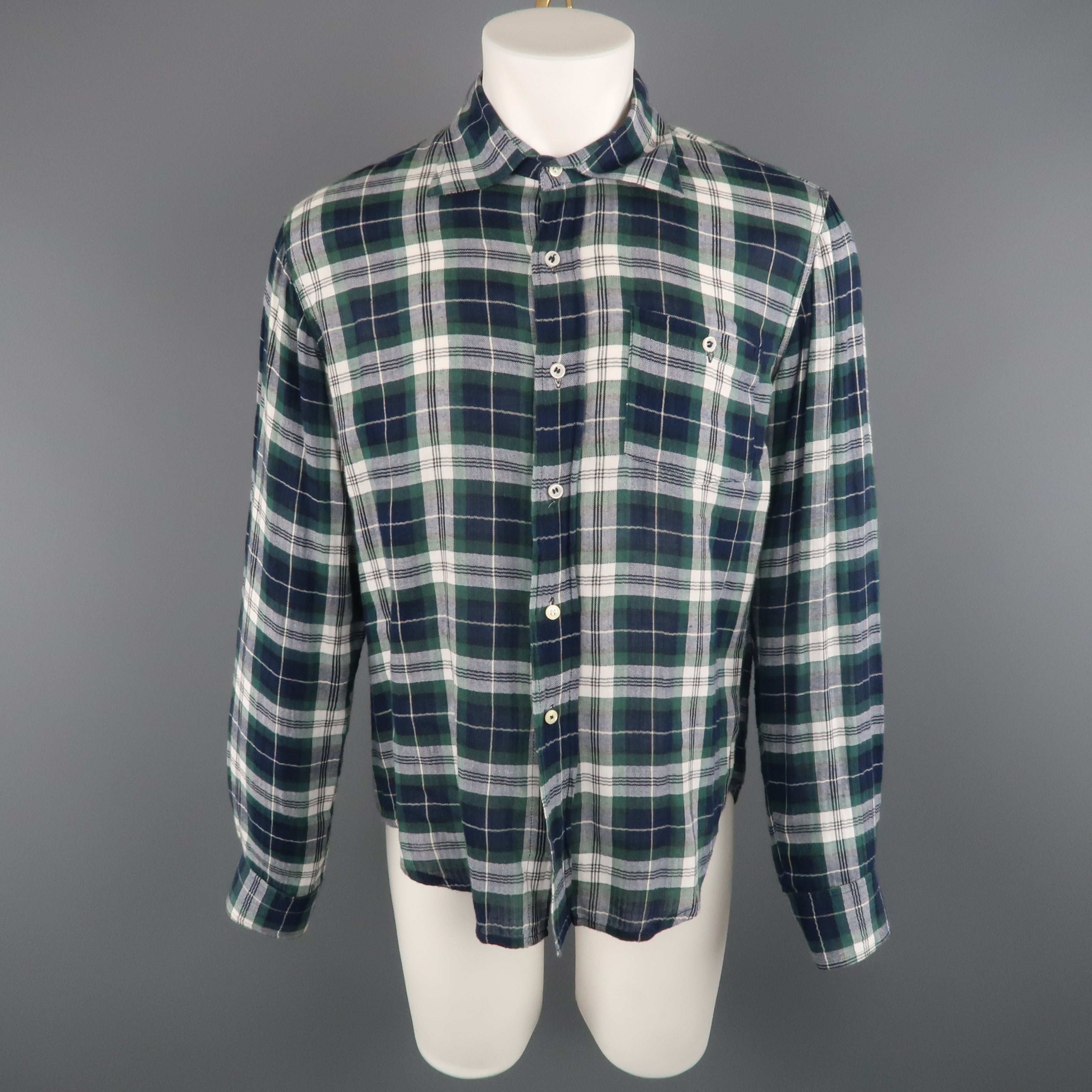 DSQUARED2 Size 42 Green & Blue Plaid Cotton Button Up Long Sleeve