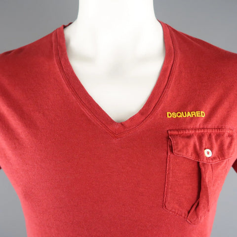 DSQUARED2 Size M Red Solid Cotton / Linen V-neck T-shirt DSQUARED2