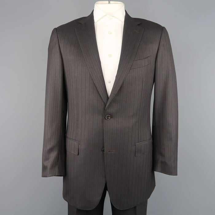 ERMENEGILDO ZEGNA 42 Long Taupe Charcoal Stripe Wool 2 pc Suit