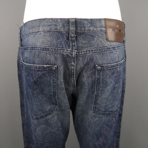 ETRO Size 32 Indigo Paisley Denim Button Fly Jeans