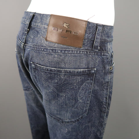 ETRO Size 32 Indigo Paisley Denim Button Fly Jeans