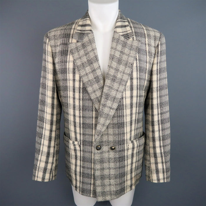 GIANNI VERSACE 40 Short Grey & Beige Plaid Wool Blend Double Breasted Jacket