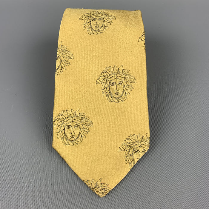 GIANNI VERSACE Gold Silk Medusa Heads Print Tie