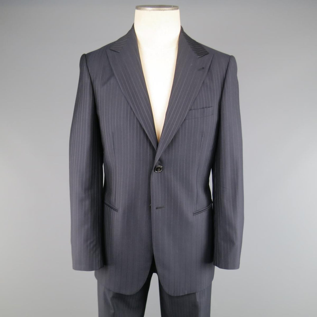 GIORGIO ARMANI 40 Regular Navy & Brown PinStripe Wool Suit