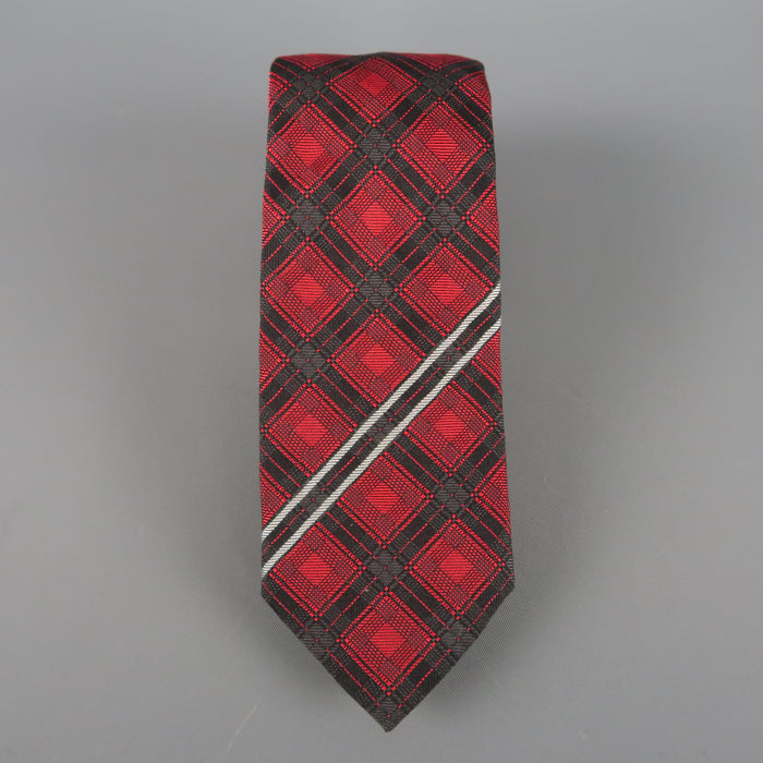 GIVENCHY Red & Black Plaid Striped Silk Neck Tie