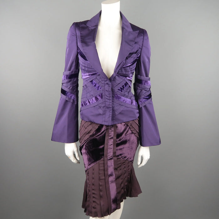 GUCCI by TOM FORD 4 Purple Silk Velvet Panel 2004 Final Collection Skirt Suit