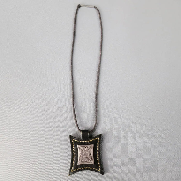 HERMES Brown Leather Engraved Silver Metal 2003 Necklace