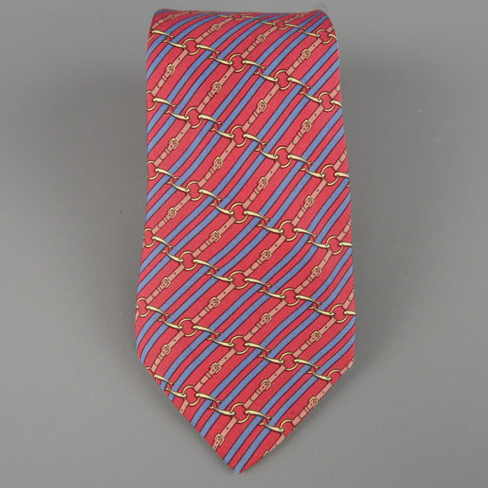 HERMES Red & Blue Diagonal Belt Stripe Print Silk Tie