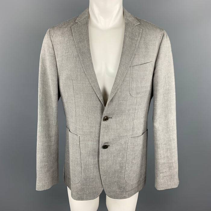 HUGO BOSS 38 Regular Grey Herringbone Wool / Linen Notch Lapel Sport Coat
