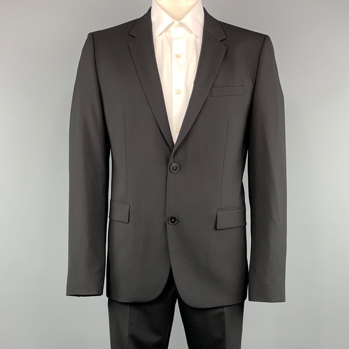 HUGO BOSS 44 Regular Black Solid Wool 36 x 32 Notch Lapel Suit