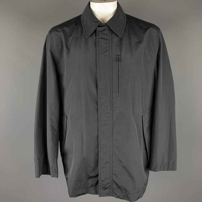 HUGO BOSS 46 Black Solid Cotton Nylon Zip & Snaps Long Coat