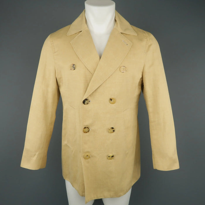 ISAIA 40 / IT 50 Khaki Cotton & Linen Chambray Double Breasted Peacoat Jacket