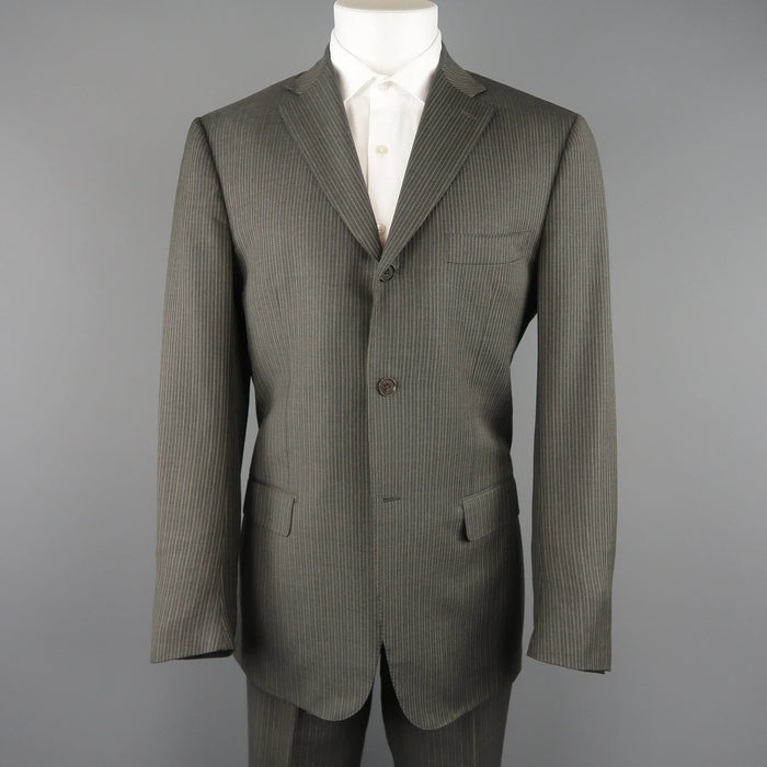 ISAIA 42 Regular Gray & Gold Pinstripe Wool 3 Button Notch Lapel Suit