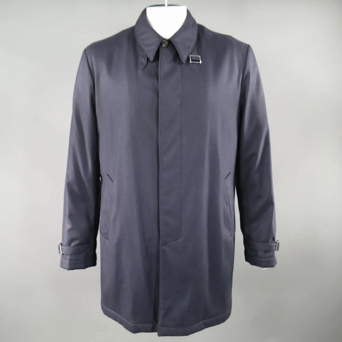 ISAIA US 44 / IT 54 Navy Cashmere Twill Hidden Placket Collar Coat