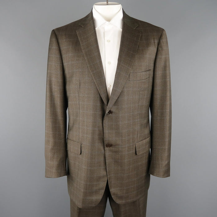 ISAIA 48 Long Brown Window Pane Wool Single Breasted 2 Button Suit