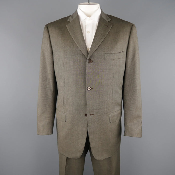 ISAIA 48 Long Taupe Beige Nailhead Wool 3 Button Notch Lapel Suit