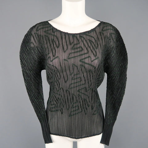 ISSEY MIYAKE Size M Black Pleated Green Ribbon Pattern Mesh Pullover ISSEY MIYAKE