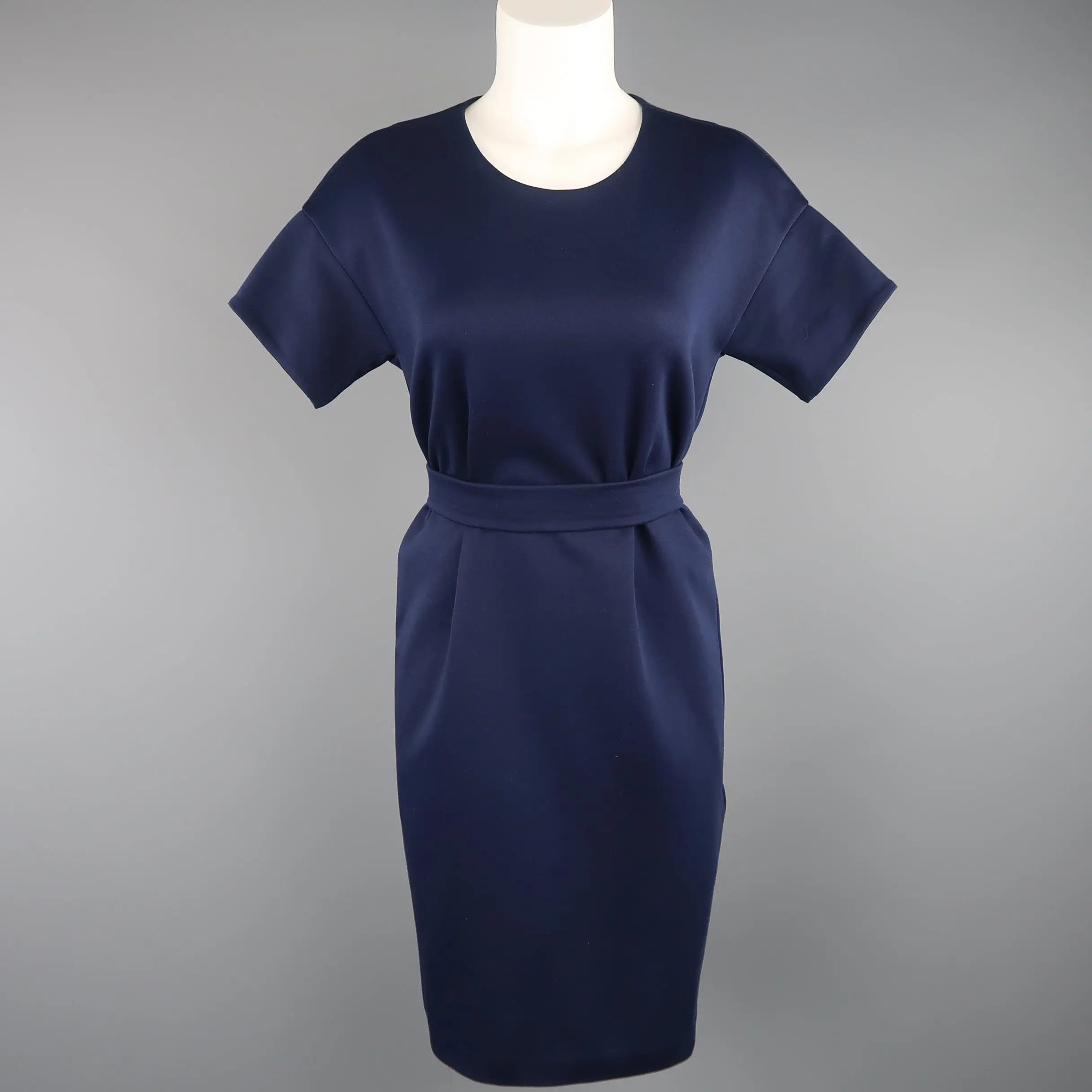 JIL SANDER Size M Navy Cotton / Polyester Jersey Short Sleeve Belted S Sui Generis Designer Consignment JIL SANDER Size M Navy Cotton / Polyester Jersey Short Sleeve Belted S Sui Generis Designer Consignment