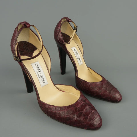 JIMMY CHOO Size 10 Plum Snake Skin Ankle Strap Pumps JIMMY CHOO