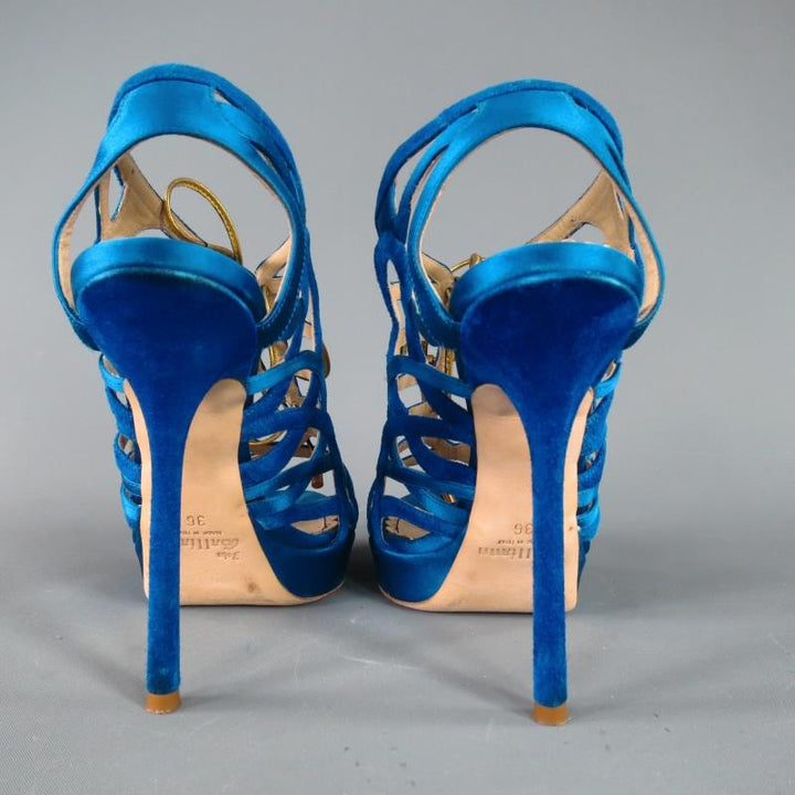 JOHN GALLIANO 6 Aqua Blue Silk & Suede Platform Gold Lace Up Platform Sandals