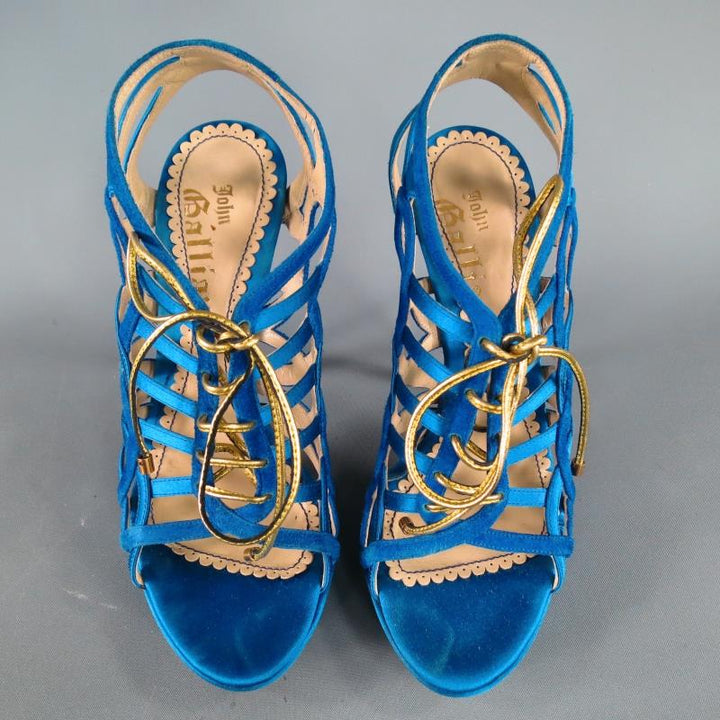 JOHN GALLIANO 6 Aqua Blue Silk & Suede Platform Gold Lace Up Platform Sandals