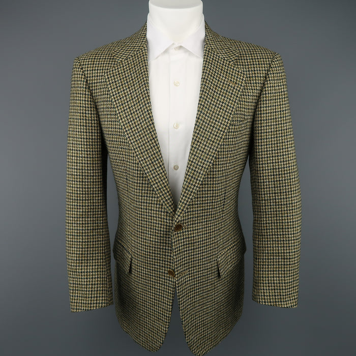 KITON 40 Green & Tan Gold Houndstooth Wool / Cashmere Notch Lapel Sport Coat