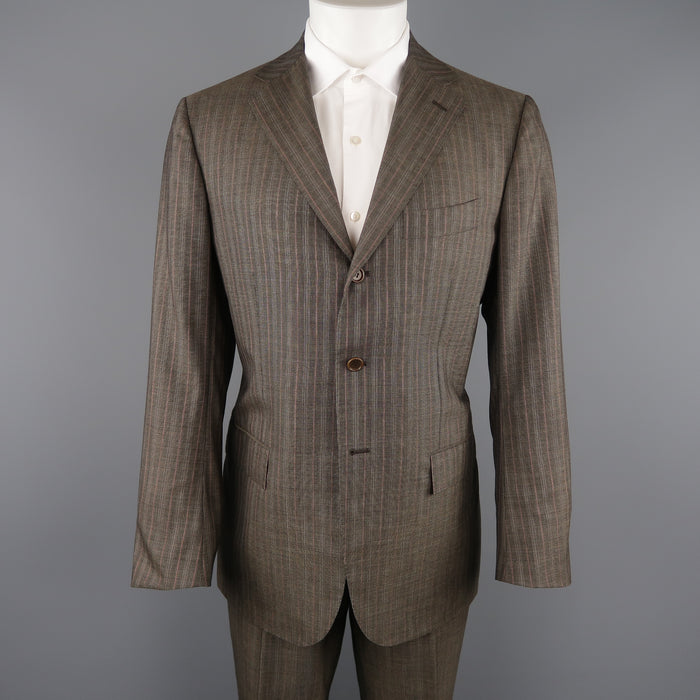 KITON 42 Regular Brown & Orange Pinstripe Cashmere 3 Button Notch Lapel Suit