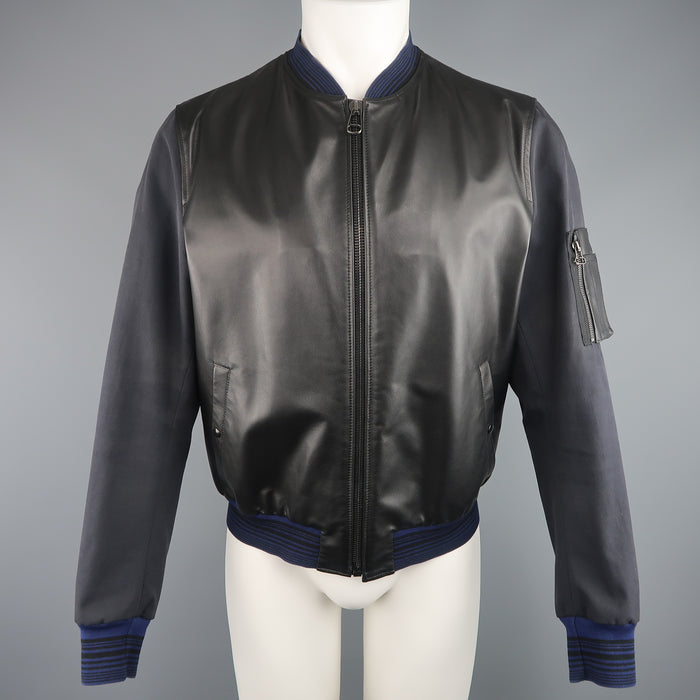 LANVIN 42 Black & Charcoal Leather & Canvas Blue Cuff Bomber Jacket