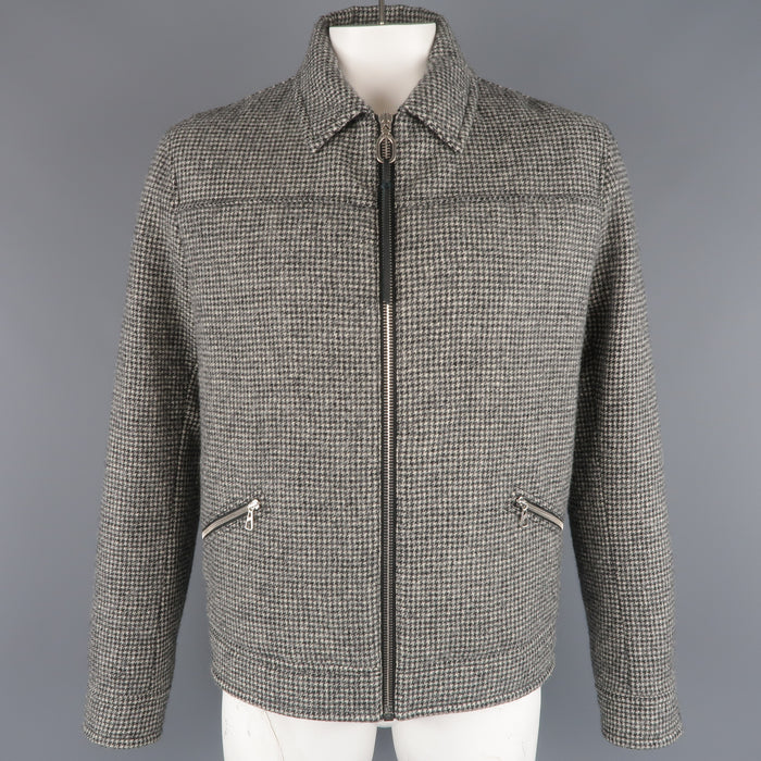LANVIN 44 Beige & Black Houndstooth Wool Zip Blouson Jacket