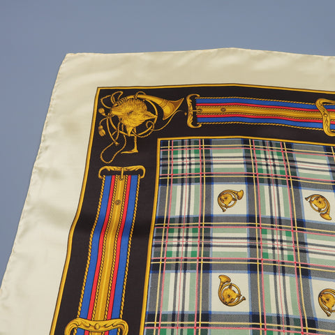 LOEWE Pastel Yellow Multi Color Plaid Fox Horn Print Silk Scarf
