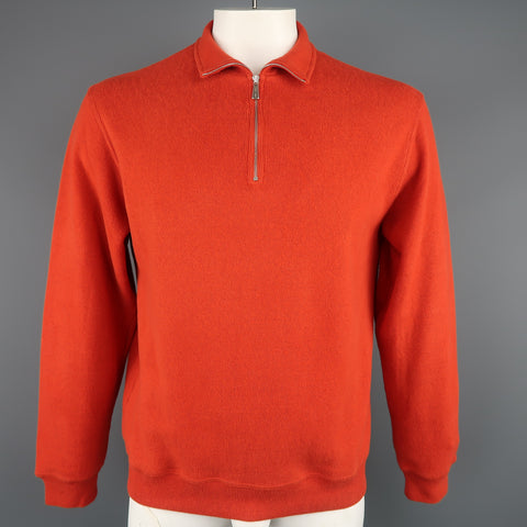 LORO PIANA Size L Orange Ribbed Jersey Half Zip Mock Neck Pullover