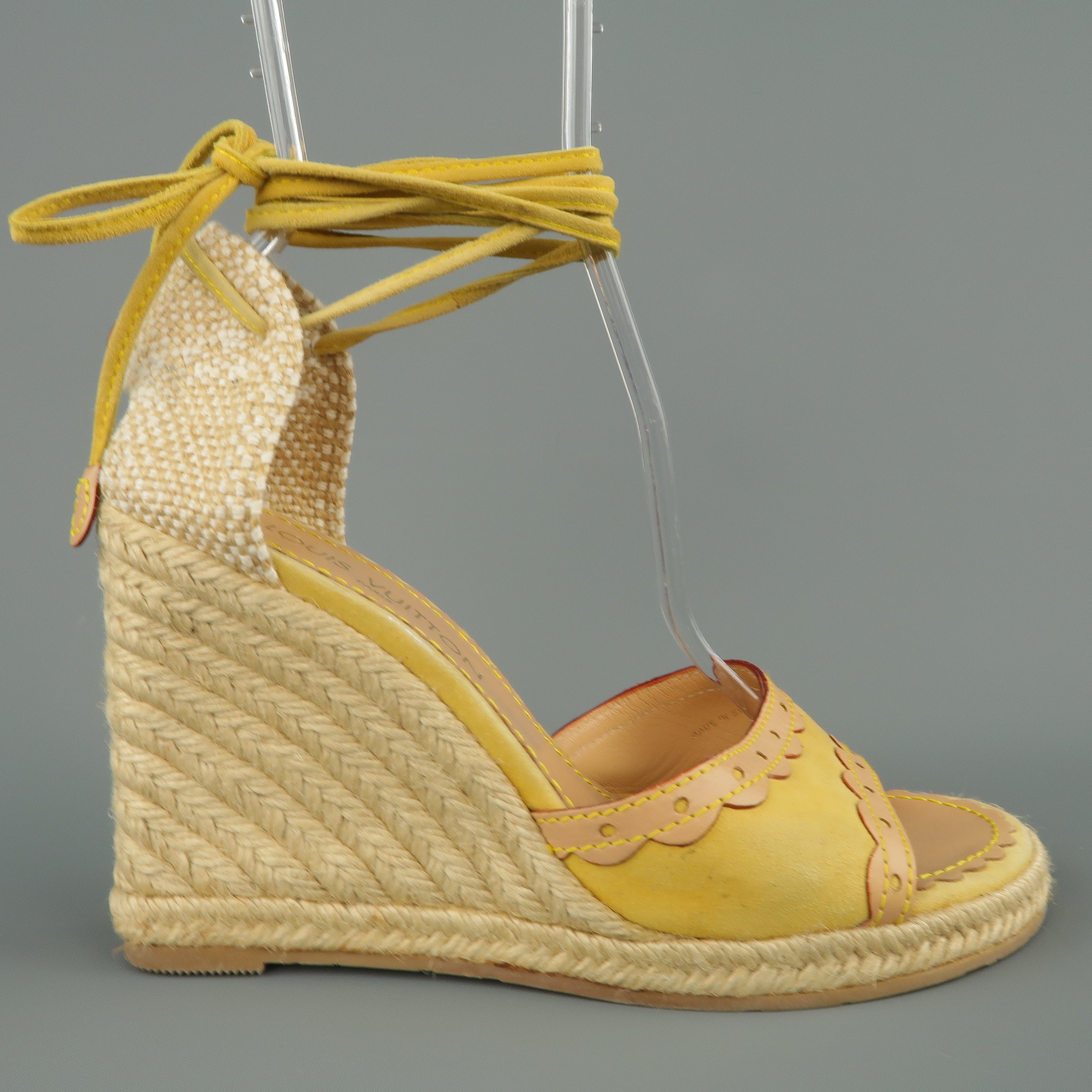 LOUIS VUITTON Size 9.5 Yellow Suede Tied Ankle Strap Espadrille Wedges