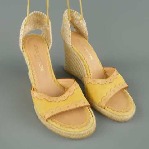 LOUIS VUITTON Size 9.5 Yellow Suede Tied Ankle Strap Espadrille Wedges