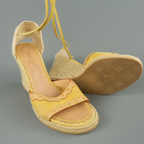 LOUIS VUITTON Size 9.5 Yellow Suede Tied Ankle Strap Espadrille Wedges