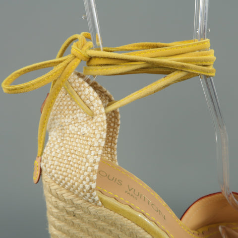 LOUIS VUITTON Size 9.5 Yellow Suede Tied Ankle Strap Espadrille Wedges