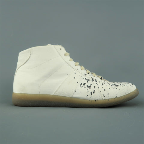 MAISON MARGIELA Size 11 White Ink Splattered Canvas High Top Trainer Sneakers