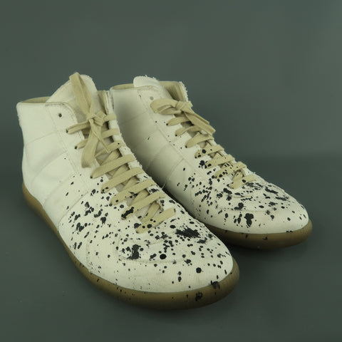 MAISON MARGIELA Size 11 White Ink Splattered Canvas High Top Trainer Sneakers