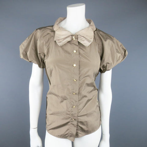 MARC JACOBS Size 8 Taupe & Beige Silk Balloon Sleeve Bow Blouse